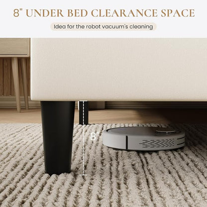 SHA CERLIN King Size Velvet Bed Frame with Geometric Wingback Headboard, Upholstered Platform Bed with Wooden Slats Support, 8" Under-Bed Space, No Box Spring Needed, Easy Assembly, Cream
