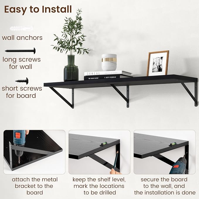 Axeman Deep Floating Shelves - 40 Inch Black Floating Shelves Set of 2-12 Inch Deep Wood Wall Shelves for Living Room Bathroom Kitchen