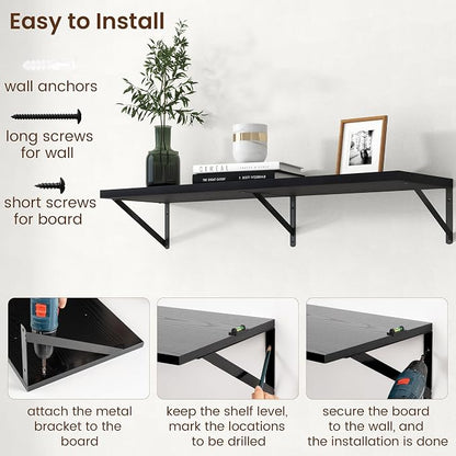 Axeman Deep Floating Shelves - 40 Inch Black Floating Shelves Set of 2-12 Inch Deep Wood Wall Shelves for Living Room Bathroom Kitchen