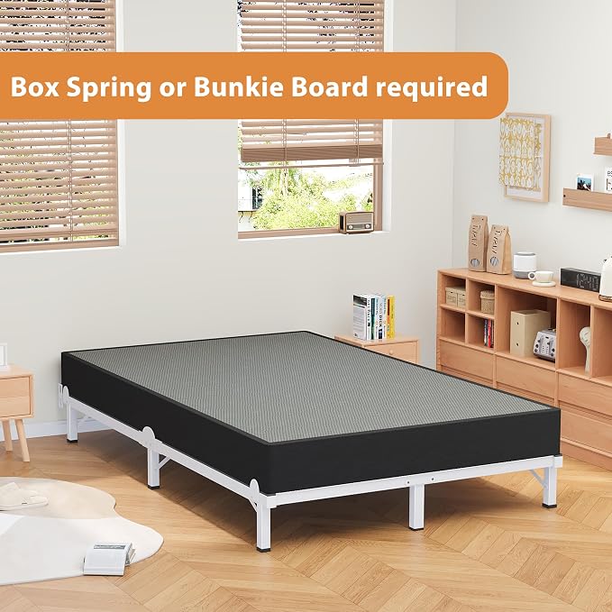 MAF Metal Bed Frame Full, 9-Legs Support Bed Base, 8 Inches Full Bed Frame for Box Spring and Mattress, Basics Bed Frame Headboard Attachable Tool-Free Easy Assembly, White