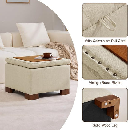 WUTUTUEE 24" Fabric Square Storage Ottoman with Wooden Tray, Modern Tufted Button Footstool Coffee Table, Upholstered Small Ottoman for Living Room, Bedroom, Khaki
