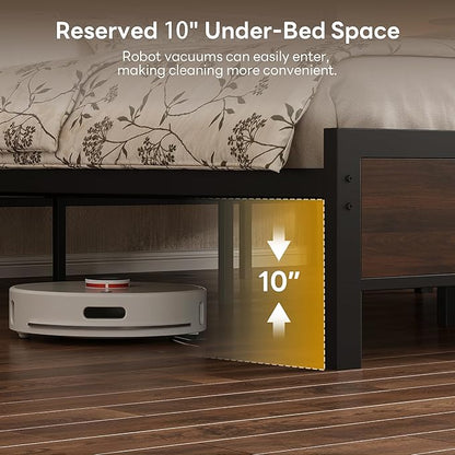 LIKIMIO Queen Bed Frame with Headboard, Mid-Century Modern Queen Platform Bed, Heavy Duty Silent Metal Slats, No Box Spring Needed, Noise-Free, Dark Walnut