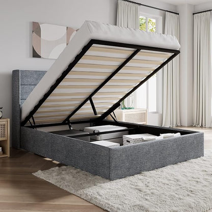 SHA CERLIN Full Size Lift Up Storage Bed/Modern Wingback Headboard/Upholstered Platform Bed Frame/Hydraulic Storage/No Box Spring Needed/Wood Slats Support/Grey Blue