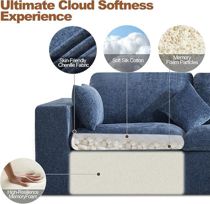 146''Cloud Boneless Sectional Couch, Modular Sectional Sofa Deep Seat, Oversized Upholstered Convertible Comfy 4 Seater Chenille Memory Foam Sofa Couches for Living Room, Blue