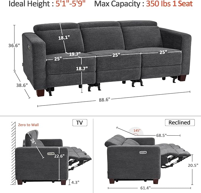 MCombo 88.6'' Reclining Sofa, Wall Hugger Power Recliner Sofa with Adjustable Headrest, USB A & C Charge Ports, Wood Legs, for Living Room (Fabric, HL198M3) (Dark Grey, 3-Seater)