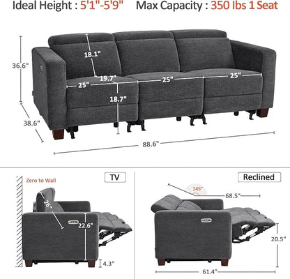 MCombo 88.6'' Reclining Sofa, Wall Hugger Power Recliner Sofa with Adjustable Headrest, USB A & C Charge Ports, Wood Legs, for Living Room (Fabric, HL198M3) (Dark Grey, 3-Seater)