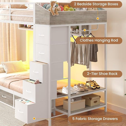 VIAGDO Bunk Bed Twin Over Twin with 8 Storage Drawers and Power Outlets, LED Twin Bunk Beds with Hall Tree and Shelves, Metal Bunk Beds with Safety Guardrail & Ladder for Dorms, Kids, White