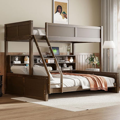 Wood Bunk Bed Twin XL Over Queen Size with Built-in Storage Cabinets and USB Ports, Versatile Bunk Bed Frame with Ladder and Guardrail for Kids Teens Adult, Maximize Space (Wood-T-Q)