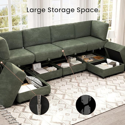 KKL Modular Sectional Couches for Living Room U-Shaped 6 Seater Couch with Storage Ottoman, Convertible L-Shaped Modular Sofa Plush Wide-Wale Corduroy Couch, Apartment, Modern Design, Green