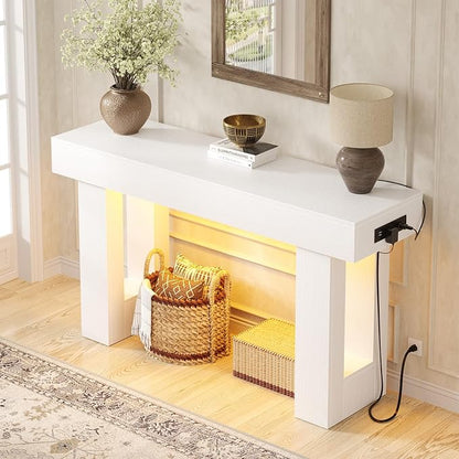 Unikito 47" Entryway Table with Socket and Sensor Light, Narrow Console Table with Storage Behind Couch, Farmhouse Entry Way Tables with Open Storage for Entrance/Hallway/Living Room, White