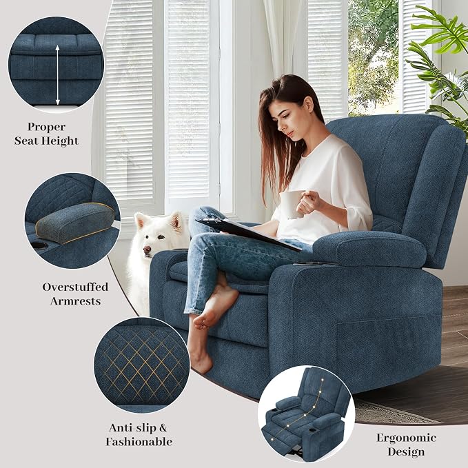 Yolsali Recliner Chairs for Adults, Oversize Manual Reclining Chair with 2-Tier Cushions, Recliner Chair with Hidden Storage Space, Living Room Recliner Chairs with Cup Holders - Fabric Blue