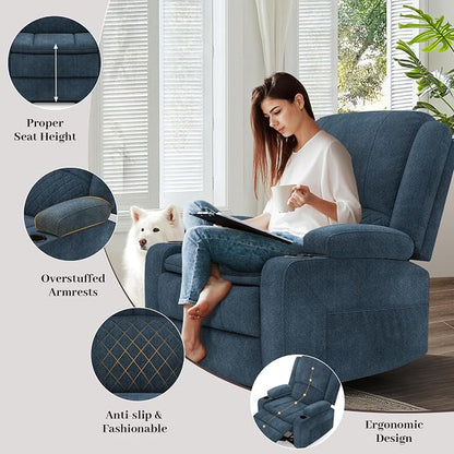 Yolsali Recliner Chairs for Adults, Oversize Manual Reclining Chair with 2-Tier Cushions, Recliner Chair with Hidden Storage Space, Living Room Recliner Chairs with Cup Holders - Fabric Blue