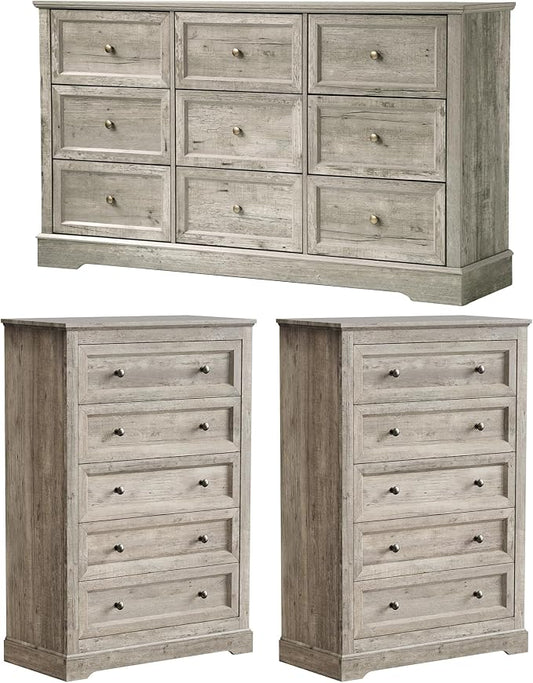 LOUVIXA Farmhouse Bedroom Sets of 4, Including 9 Drawer Dresser, 5 Drawer Dressers and Nightstand Set of 2 with Charging Station (Grey Sets, 3 Pieces-9 Drawer+5 Drawer Set of 2)