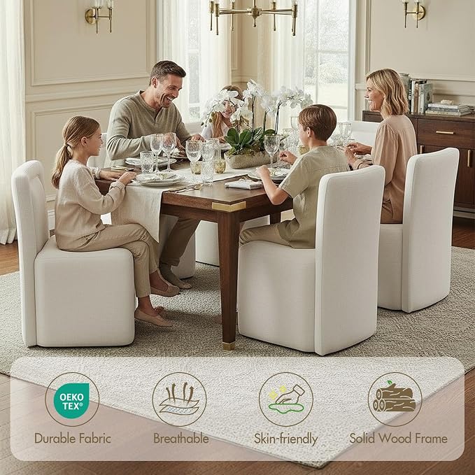 Hyfirm Upholstered Dining Chairs No Assembly, Set of 4 Modern Parsons Armless Kitchen Chairs with Padded Seat Cushion, Ready-to-Use White Linen Accent Side Chair for Diningroom Living Room Bedroom