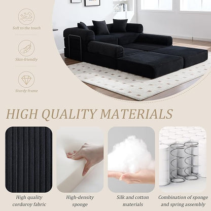106" Oversized Convertible Sleeper Sofa Bed, Corduroy L Shape Sectional Couch, Folding Sofa Bed with Side Pocket, Modern Cloud Floor Mattress Couch, Modular Sofa for Living Room, Black
