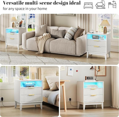 LVSOMT 24“ W Fluted LED Nightstand with Charging Station, RFID Lock, White | Bedside Table with Hidden Drawer, 2 Drawers, Open Cubby, Motion Sensor, USB and Type-C Ports, Night Stand for Bedroom