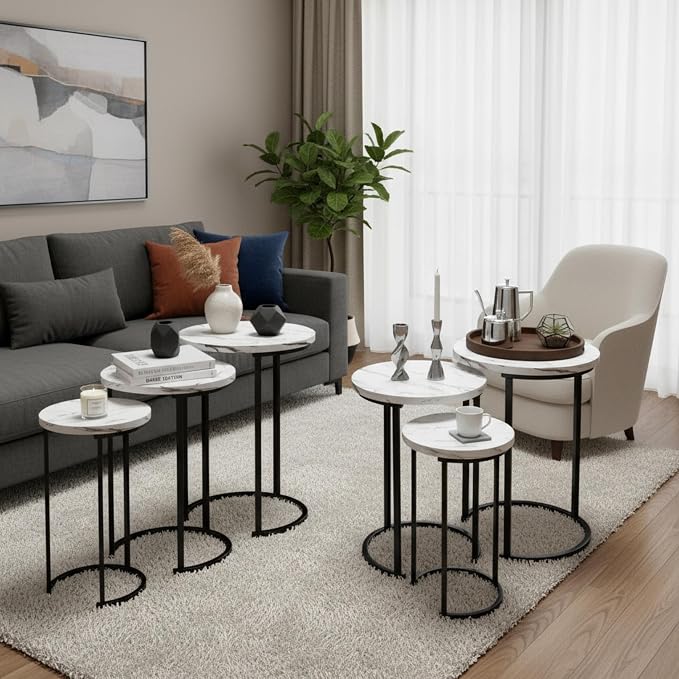 Lavish Home Nesting Tables - Set of 6 Space-Saving Round Side Tables with Faux Marble Tops – Modern Apartment Furniture Accent & End Table Set for Living Room, Bedroom, or Home Office (White)