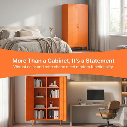Lockable Closet Metal Wardrobe 67" Orange 2 Door Wardrobe Bedroom Storage Cabinet Adjustable shelf Multi functional metal Storage Cabinet with hanging rail for domestic use 18.1" D x 31.5" W x 67" H