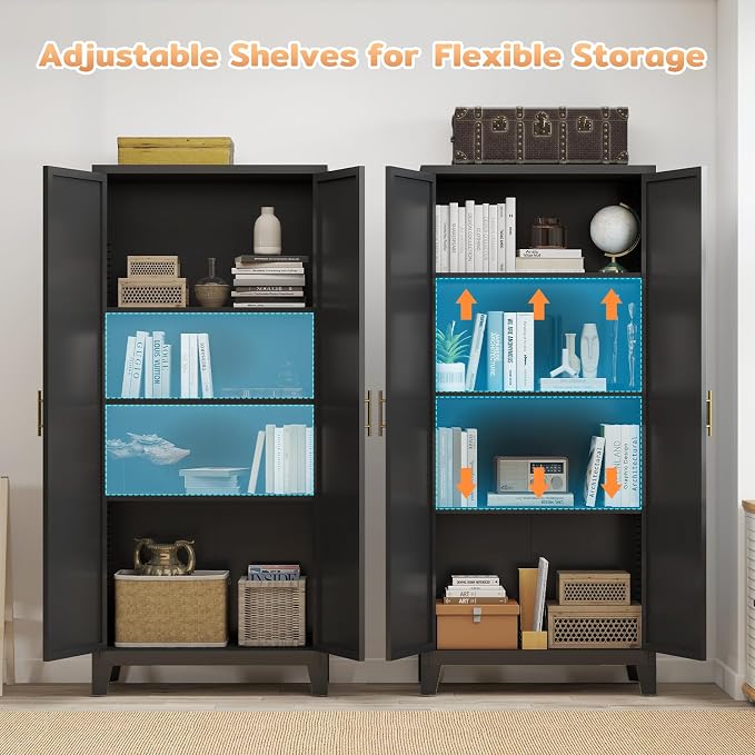Zevemomo 61" H Metal Kitchen Pantry Cabinet, Freestanding Cupboard with 2 Doors and 3 Adjustable Shelves, Tall Metal Storage Cabinet for Kitchen, Bathroom, Dinning Room or Laundry Room （Black）
