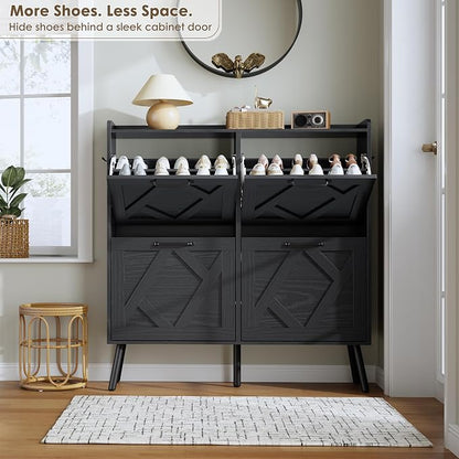 Nicetree Shoe Cabinet with 4 Flip Drawers, Hidden Shoe Rack Cabinet with Metal Legs, Farmhouse Narrow Shoe Storage Cabinet for Entryway, Foyer, Hallway, Black