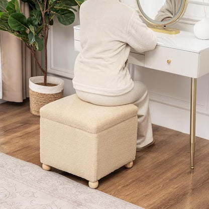 Adeco 17.3" Modern Oatmeal Teddy Velvet Storage Ottoman, Upholstered Cube Foot Stool with Hinged Lid, Round Solid Wood Legs, Versatile Vanity Seat for Living Room, Bedroom