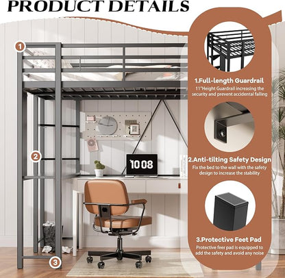 Shintenchi Loft Bed Full Size with Desk and Storage Shelves, Frame with 2 Side Ladders for Kids, Teens Adults, Spcace-Saving Noise-Free and Anti-tilt Design, Black