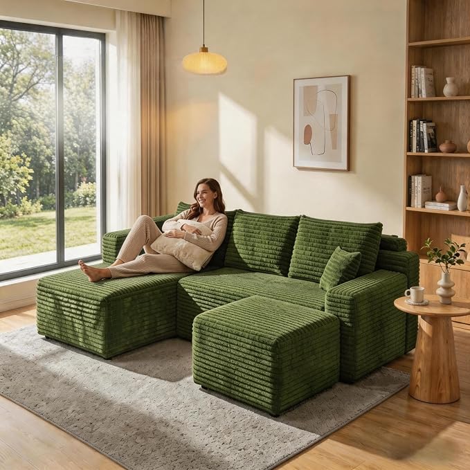JINGLING 94" U Shaped Boneless Sectional Couch Set for Living Room, Plush Corduroy Modular Sofa with Ottoman, Small Space Apartment Couch, No Assembly, Left Facing Chaise, Green