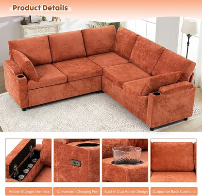 85" Chenille Sectional Sofa w/Pull Out Bed & Storage Space, Orange | Upholstery L Shaped Couch w/Cup Holders, Modern Corner Sofa w/USB Charging Port & Throw Pillow for Living Room