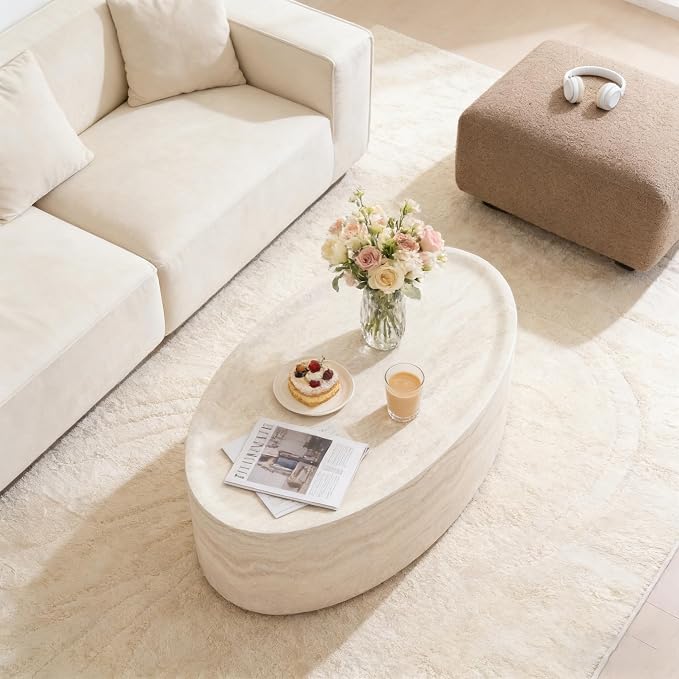 43.7" Oval Marble Coffee Table, Modern Round Coffee Tables, Faux Stone Center Tables, Small Accent Tea Table, Luxury Fiberglass Side End Table for Living Room Aparment Office, No Assembly