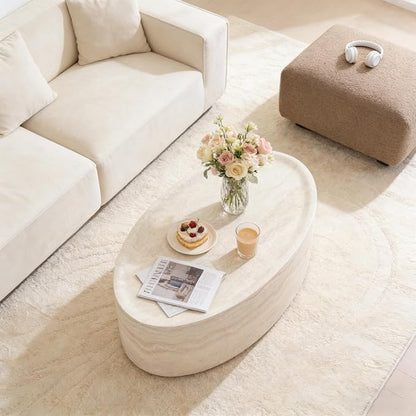 43.7" Oval Marble Coffee Table, Modern Round Coffee Tables, Faux Stone Center Tables, Small Accent Tea Table, Luxury Fiberglass Side End Table for Living Room Aparment Office, No Assembly