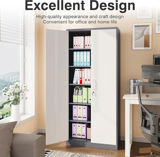 Metal Storage Cabinet with 2 Doors and 6 Shelves,Gray White Metal Cabinet with Lock,71" Lockable Garage Storage Cabinets,Locking File Cabinet,Steel Tool Cabinets for Home,Office,Garage,Shop,School
