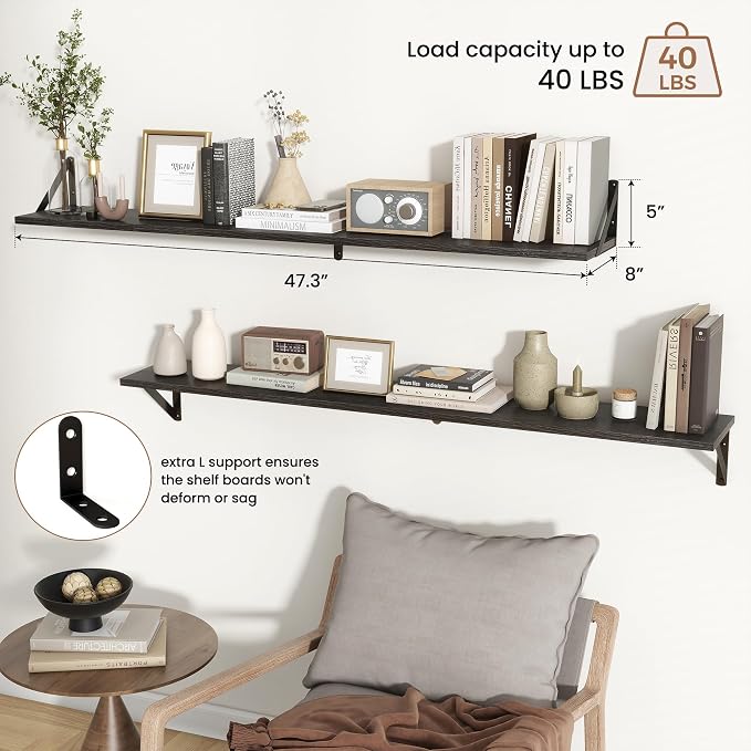 Axeman 48 Inch Black Floating Bookshelf Set of 2 | 8 Inch Deep Floating Shelves for Wall, Rustic Black Wood Shelves for Living Room Home Office Bathroom Bedroom