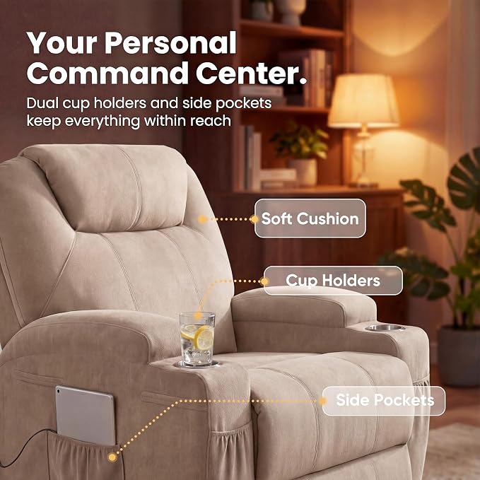 JUMMICO Small Swivel Rocker Recliner, 360 Rocking Chair Recliner with Massage, Upholstered Fabric Rocker Recliner with Cup Holder for Living Room, Bedroom, Nursery (Beige)