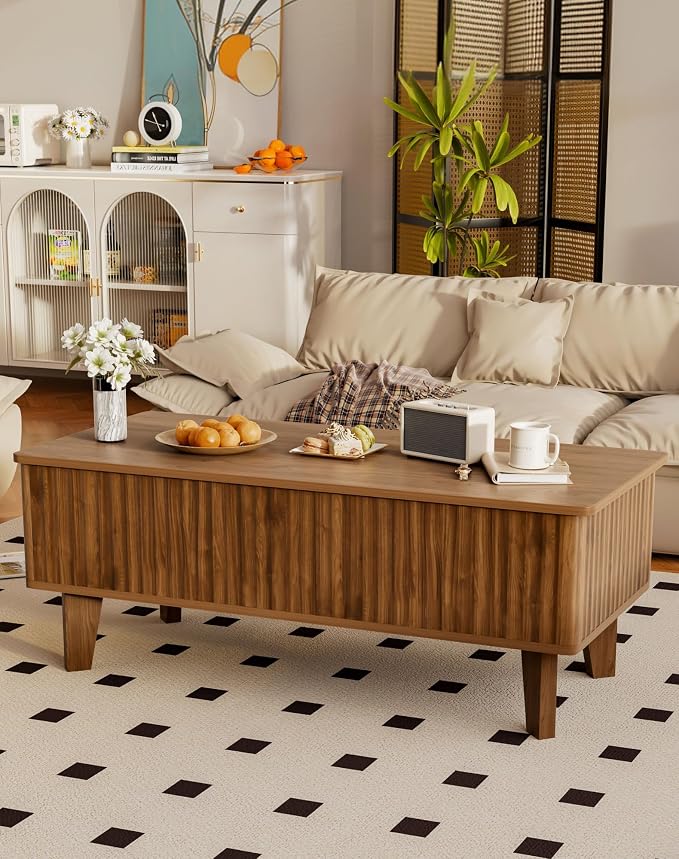 Rectangular Lift Top Coffee Table with Storage, Wood Fluted Modern Living Room Center Table for Home Office, Walnut