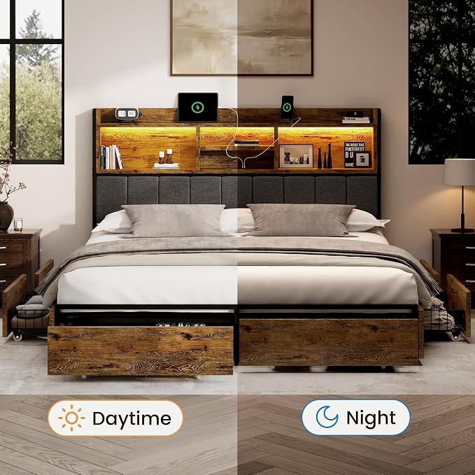 BRELTAM Queen Bed Frame with 6 Storage Drawers, Linen Upholstered Headboard, Built-in USB Charging Station & LED Lighting, Silent Metal Support, No Box Spring Needed, Vintage Brown