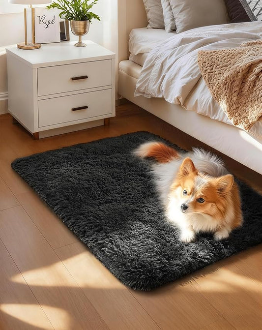 Ophanie Small Rug Washable Non Slip Throw Bedside Area Rugs, Fluffy Soft Mini Bedroom Carpet, Door Entryway Indoor Inside Front Entrance 1.5x2.5 Mat, Home Decor Aesthetic, Black