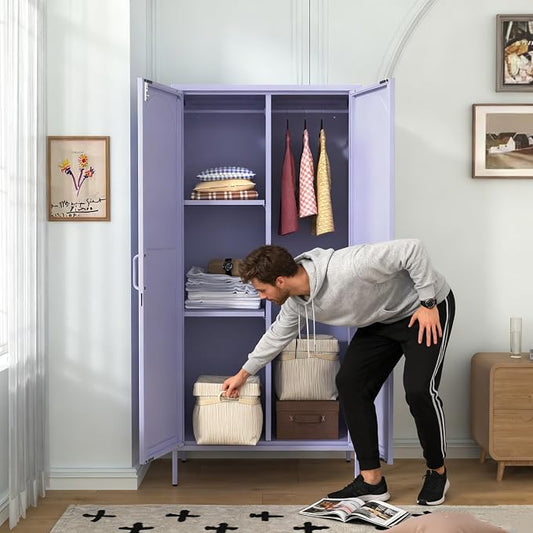 67" Industrial Lockable Metal 2-Door Wardrobe Storage Cabinet with Hanging Rod & Adjustable Shelves, Heavy Duty Multipurpose for Bedroom, Garage, Home Office, Purple 67" H X 31.5" W X 18.1" D