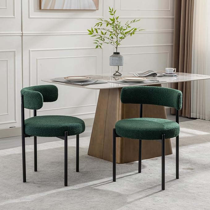 Boucle Dining Chairs Set of 2, Green Dining Chairs with Upholstered Seat and Round Back, Mid-Century Modern Kitchen Chairs for Dining Room, Restaurant