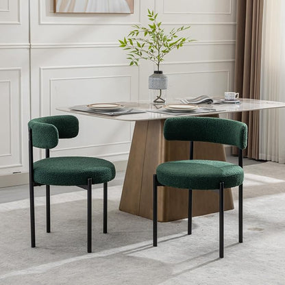 Boucle Dining Chairs Set of 2, Green Dining Chairs with Upholstered Seat and Round Back, Mid-Century Modern Kitchen Chairs for Dining Room, Restaurant