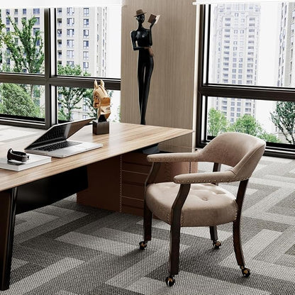 LEEMTORIG Dining Chairs with Casters and Arms, Rolling Dining Chairs with Wheels for Elderly, Ergonomic Wide Seat Wooden Office Desk Chair, 26" Dx25.2 W, Espresso Legs&Yellow Brown Fabric SY-318-LT