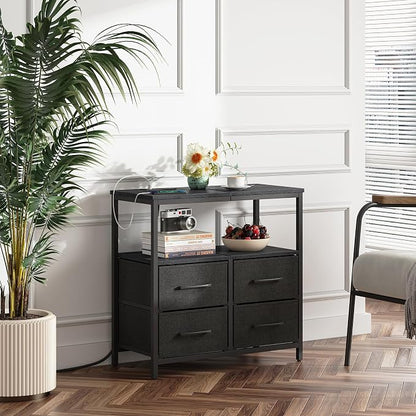 TUTOTAK Large Night Stand with Charging Station, Nightstand with USB and Type-C Port, Bedside Table with Cloth Drawers, End Table for Livingroom, Bedroom, Black TB01BK081