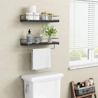 Forbena Black Floating Shelves for Bathroom Wall Set of 2, Kitchen Spice Rack Wall Mount, Modern Wood Hanging Wall Shelves for Bedroom Organizer, Restroom Pantry Closet Storage (Grey-Black)