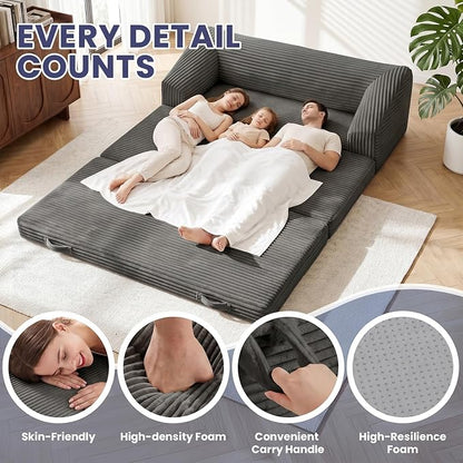 JUIKURY Convertible Sofa Bed, 3-in-1 Foldable Loveseat Couch with Armrest, Corduroy Floor Sofa & Sleeper Bed, No Assembly High-Density Foam Futon Mattress for Living Room, Small Apartment, Dorm