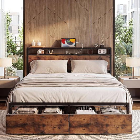 LIKIMIO Queen Bed Frame with Storage Headboard, Queen Size Bed Frame with Charging Station & 2 Drawers, No Box Spring Needed, Easy Assembly