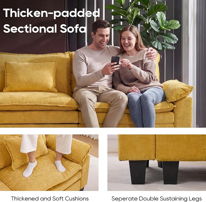 URRED Oversized Modular Sectional Sofa, 87" L Shaped Modern Comfy Cloud Couch with Movable Ottoman & Pillows, Deep Seat Couches for Living Room, Bedroom or Apartment (Chenille Yellow, 87" L Shaped)