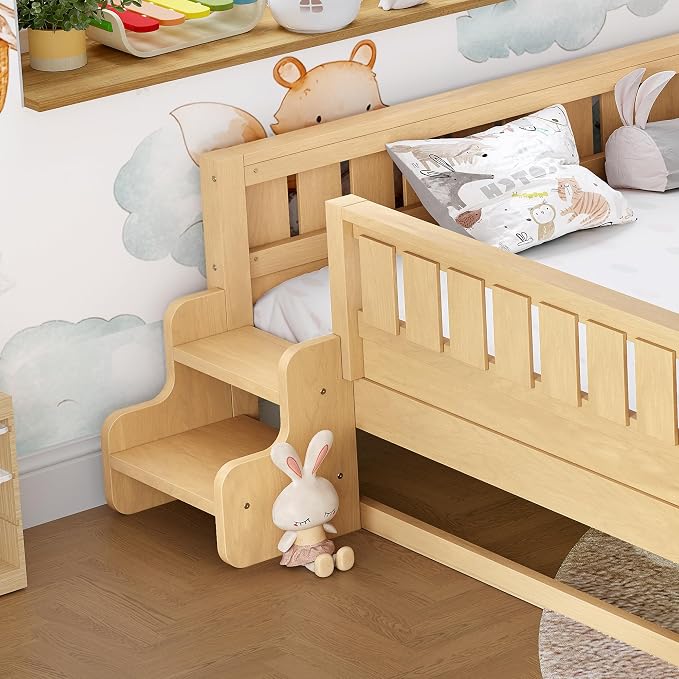 Bellemave Queen Kids Montessori Bed with Stairs, Bookshelf and Trundle, Solid Wood Kids Bed Frame with Storage for Boys Girls, Low Profile,Light Natural