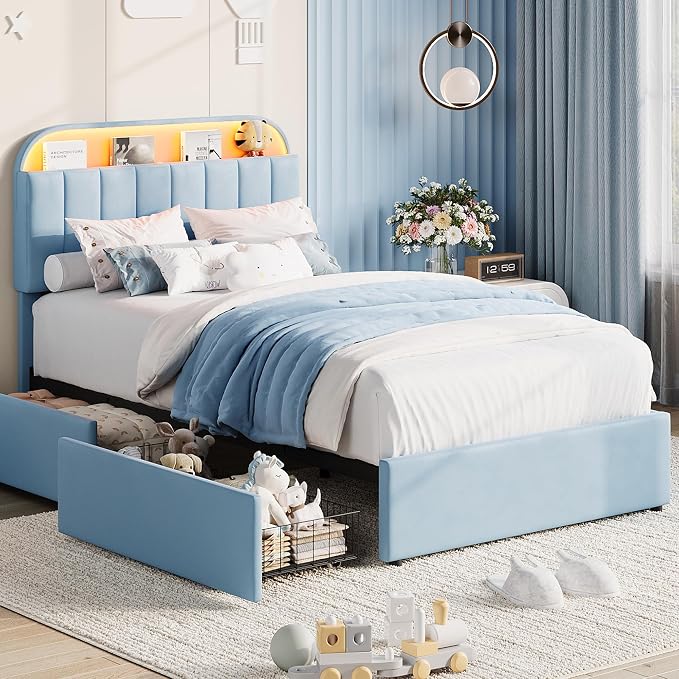 Garvee Twin XL Size Bed Frame with 2 Flexible Drawers, Upholstered Platform Bed Frame with Bookcase Headboard and LED Lights, Kids Bed for Boys, Easy Assembly, Noise Free, Blue