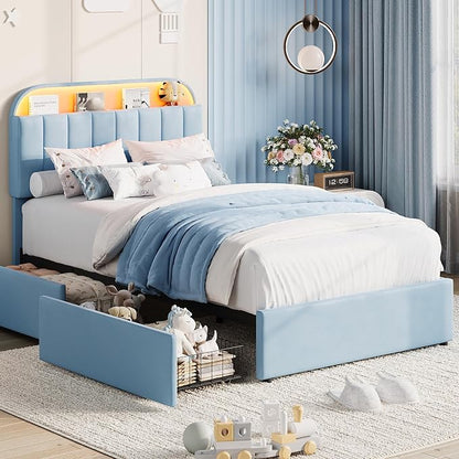 Garvee Twin XL Size Bed Frame with 2 Flexible Drawers, Upholstered Platform Bed Frame with Bookcase Headboard and LED Lights, Kids Bed for Boys, Easy Assembly, Noise Free, Blue