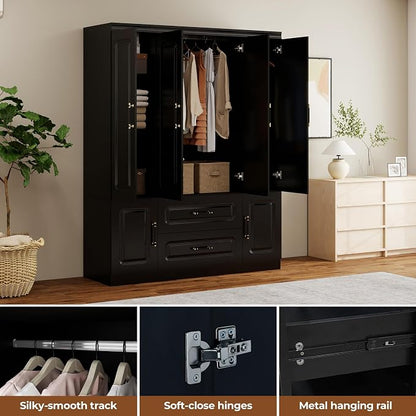 4-Door Modern Bedroom Armoire Wardrobe Closet with 2 Drawers & Hanging Rod, Smooth Black Storage Cabinet for Clothes/Shoes/Blankets 61.42" W x 20.67" D x 70.87" H (69)