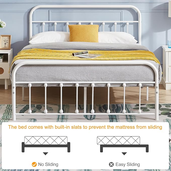 VECELO White Metal Bed Frame Queen Size with Vintage Headboard and Footboard, No Box Spring Needed, Premium Stable Steel Slat Support Mattress Foundation